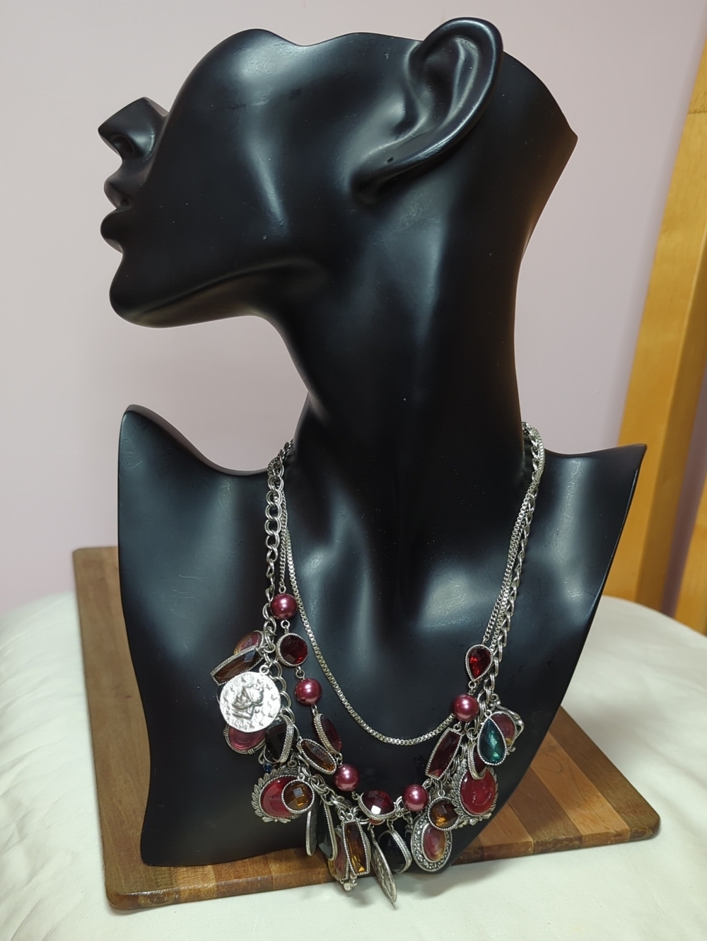 Monet Vintage Statement Charm Necklace Red Intaglio Cameo Boho + FREE GIFT